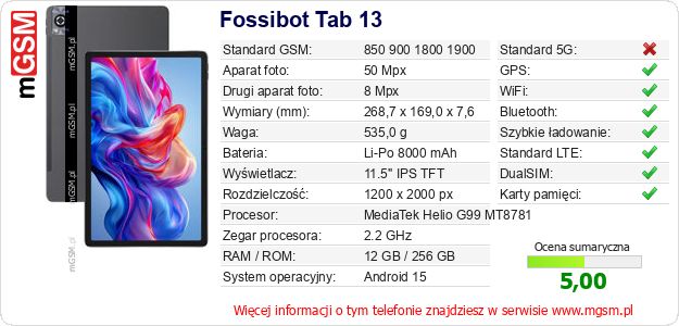 Dane telefonu Fossibot Tab 13 Dane telefonu Fossibot Tab 13