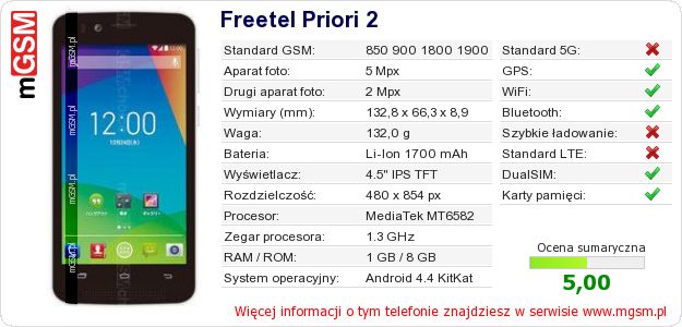 Dane telefonu Freetel Priori 2 Dane telefonu Freetel Priori 2