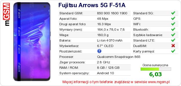 Dane telefonu Fujitsu Arrows 5G F-51A