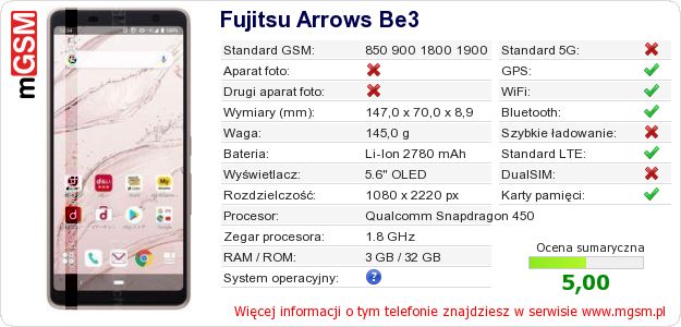 Dane telefonu Fujitsu Arrows Be3 Dane telefonu Fujitsu Arrows Be3