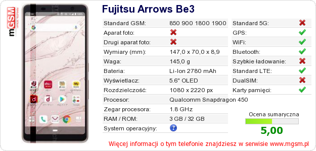 Dane telefonu Fujitsu Arrows Be3 Dane telefonu Fujitsu Arrows Be3