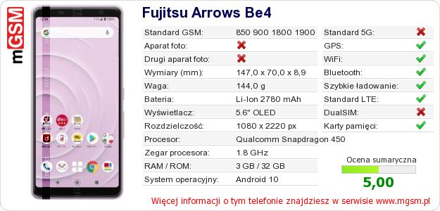 Dane telefonu Fujitsu Arrows Be4 Dane telefonu Fujitsu Arrows Be4