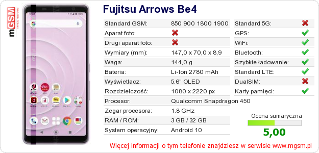 Dane telefonu Fujitsu Arrows Be4