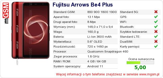 Dane telefonu Fujitsu Arrows Be4 Plus Dane telefonu Fujitsu Arrows Be4 Plus