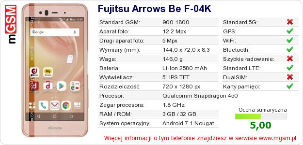 Dane telefonu Fujitsu Arrows Be F-04K Dane telefonu Fujitsu Arrows Be F-04K