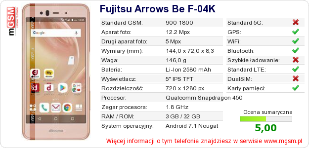 Dane telefonu Fujitsu Arrows Be F-04K Dane telefonu Fujitsu Arrows Be F-04K