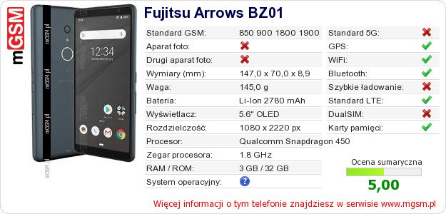 Dane telefonu Fujitsu Arrows BZ01 Dane telefonu Fujitsu Arrows BZ01