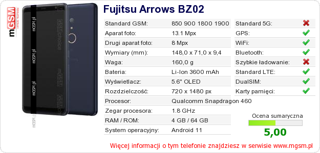 Dane telefonu Fujitsu Arrows BZ02