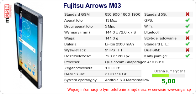 Dane telefonu Fujitsu Arrows M03