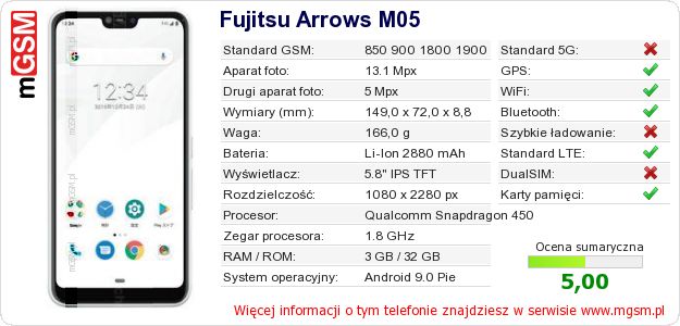 Dane telefonu Fujitsu Arrows M05
