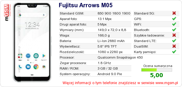 Dane telefonu Fujitsu Arrows M05