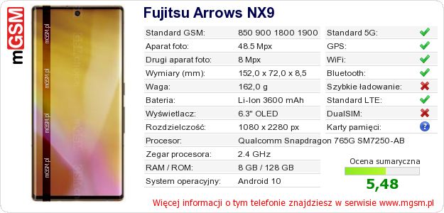 Dane telefonu Fujitsu Arrows NX9 Dane telefonu Fujitsu Arrows NX9