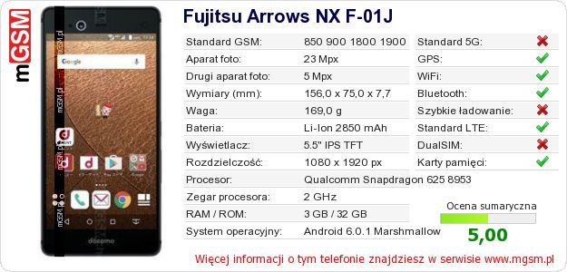 Dane telefonu Fujitsu Arrows NX F-01J