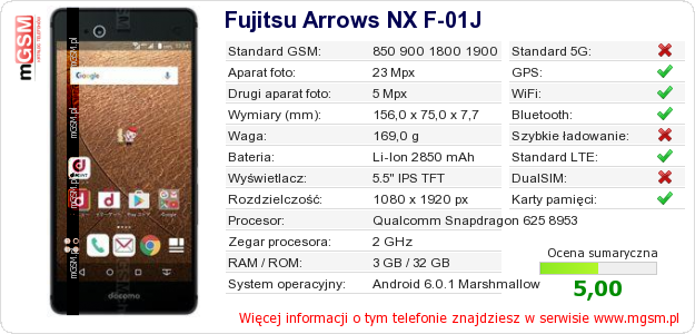 Dane telefonu Fujitsu Arrows NX F-01J Dane telefonu Fujitsu Arrows NX F-01J