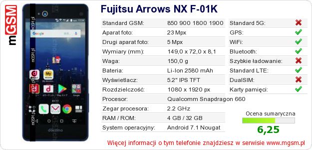 Dane telefonu Fujitsu Arrows NX F-01K Dane telefonu Fujitsu Arrows NX F-01K