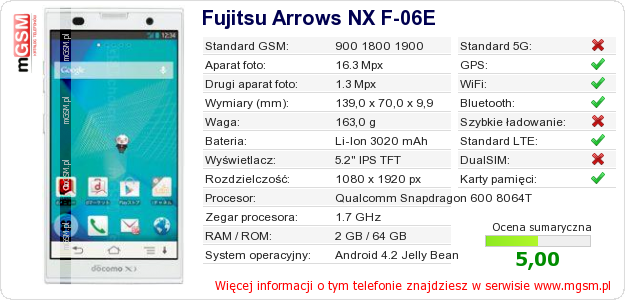 Dane telefonu Fujitsu Arrows NX F-06E