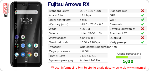 Dane telefonu Fujitsu Arrows RX Dane telefonu Fujitsu Arrows RX