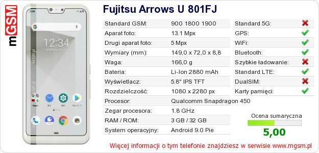Dane telefonu Fujitsu Arrows U 801FJ