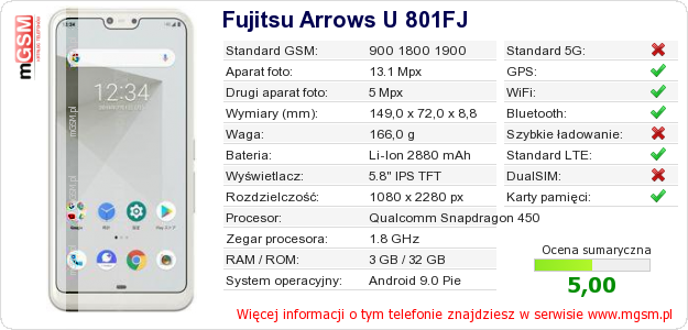 Dane telefonu Fujitsu Arrows U 801FJ