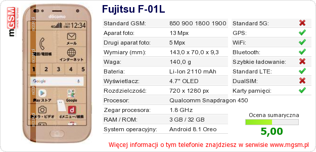 Dane telefonu Fujitsu F-01L Dane telefonu Fujitsu F-01L