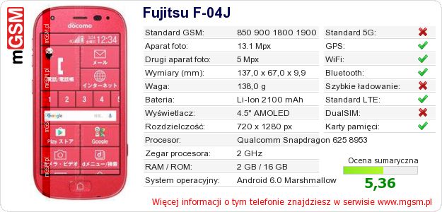 Dane telefonu Fujitsu F-04J