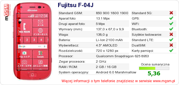 Dane telefonu Fujitsu F-04J Dane telefonu Fujitsu F-04J