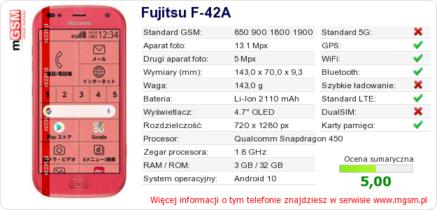 Dane telefonu Fujitsu F-42A