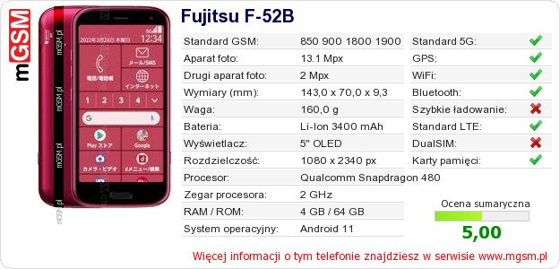Dane telefonu Fujitsu F-52B