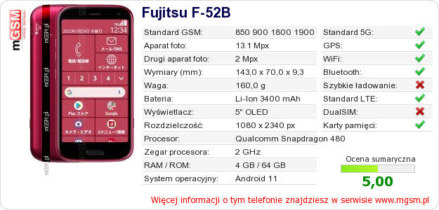 Dane telefonu Fujitsu F-52B