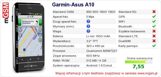 Dane telefonu Garmin-Asus A10 Dane telefonu Garmin-Asus A10