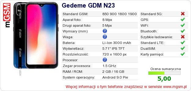 Dane telefonu Gedeme GDM N23 Dane telefonu Gedeme GDM N23