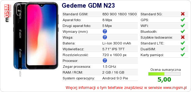 Dane telefonu Gedeme GDM N23 Dane telefonu Gedeme GDM N23