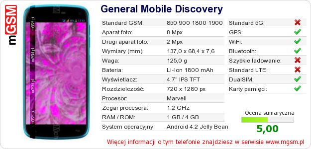 Dane telefonu General Mobile Discovery Dane telefonu General Mobile Discovery