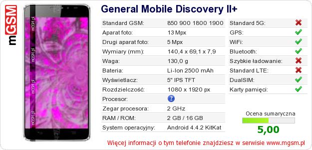 Dane telefonu General Mobile Discovery II+