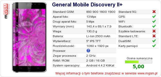 Dane telefonu General Mobile Discovery II+