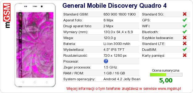 Dane telefonu General Mobile Discovery Quadro 4