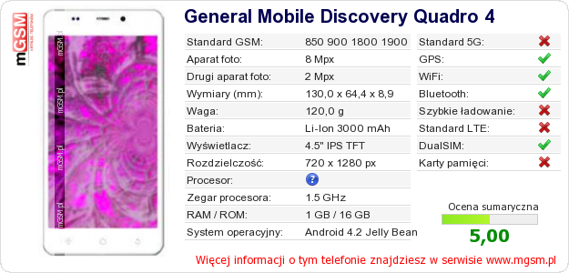 Dane telefonu General Mobile Discovery Quadro 4