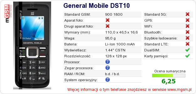Dane telefonu General Mobile DST10 Dane telefonu General Mobile DST10