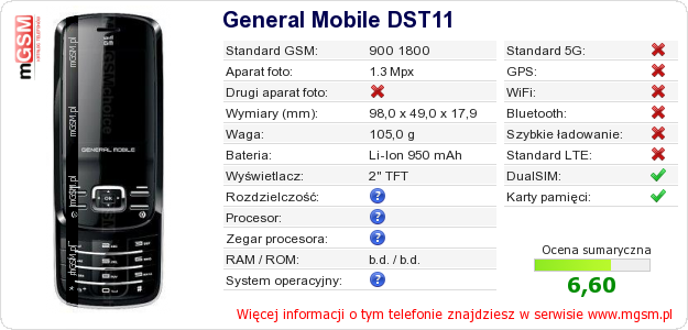 Dane telefonu General Mobile DST11 Dane telefonu General Mobile DST11