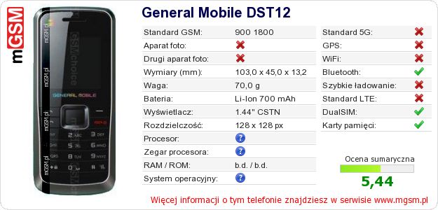 Dane telefonu General Mobile DST12