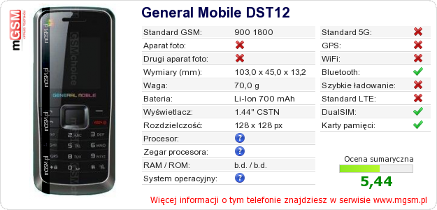 Dane telefonu General Mobile DST12