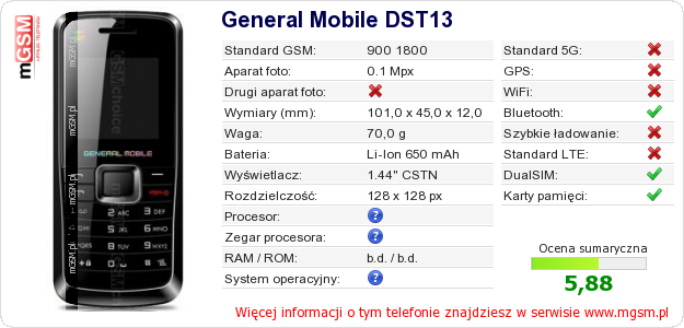 Dane telefonu General Mobile DST13