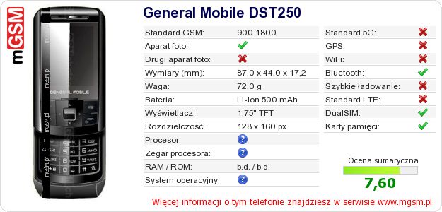 Dane telefonu General Mobile DST250