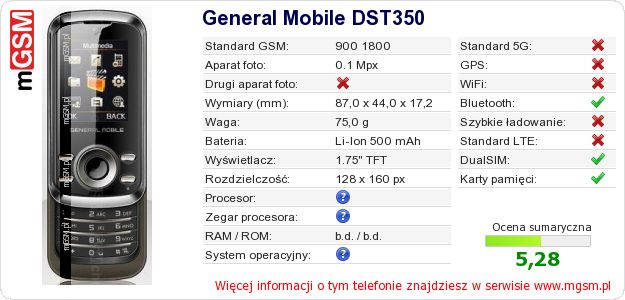 Dane telefonu General Mobile DST350 Dane telefonu General Mobile DST350