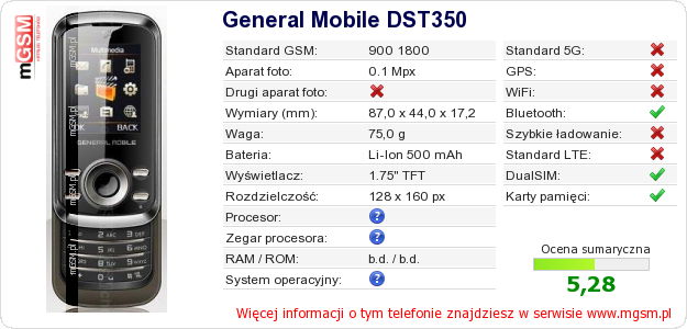Dane telefonu General Mobile DST350 Dane telefonu General Mobile DST350