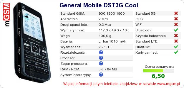 Dane telefonu General Mobile DST3G Cool