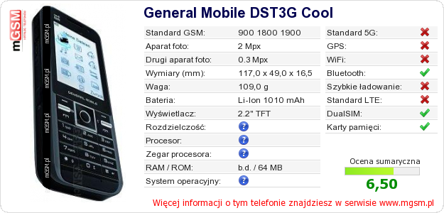 Dane telefonu General Mobile DST3G Cool