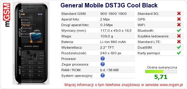 Dane telefonu General Mobile DST3G Cool Black Dane telefonu General Mobile DST3G Cool Black