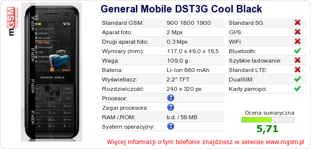 Dane telefonu General Mobile DST3G Cool Black