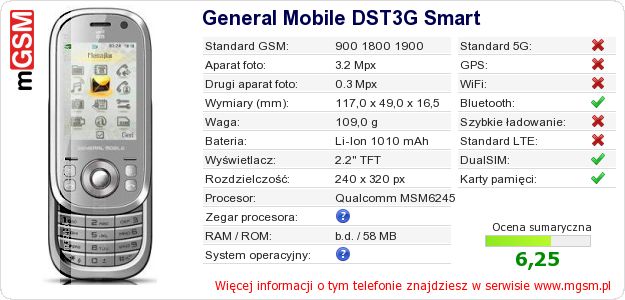 Dane telefonu General Mobile DST3G Smart